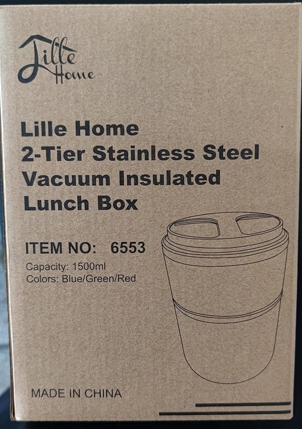 Lille Home 1500ml Thermos Food Flask, Vacuum Insulated Stackable Stainless Steel Thermal Lunch/Snack Box, 2-Tier Bento/Food Container with Lunch Bag (Blue)