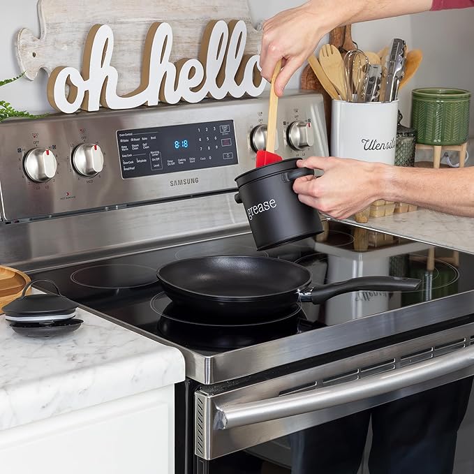 AuldHome Design Enamelware Grease Container w/Strainer (Black), Farmhouse Style Kitchen StorageTin, Labeled “Grease”