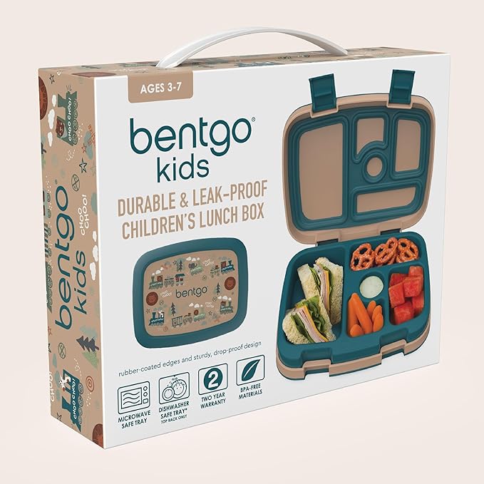 Bentgo Kids Prints Leak-Proof, 5-Compartment Bento-Style Kids Lunch Box - Ideal Portion Sizes for Ages 3-7, Durable, Drop-Proof, Dishwasher Safe, & Made with BPA-Free Materials (Trains)