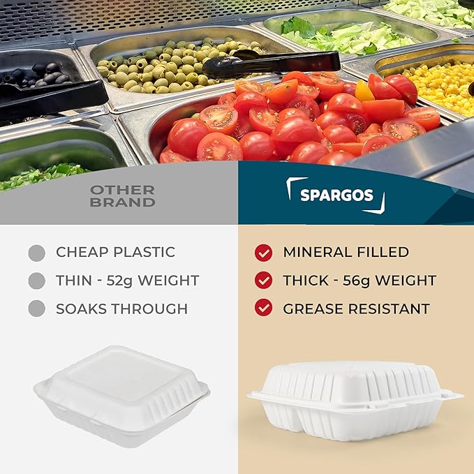 To Go Containers For Meal (60 Pack) 8" x 8" - 31oz 3 Compartments Clamshell Take Out Storage Containers Reusable - Disposable Boxes for Food - White Take Out Containers