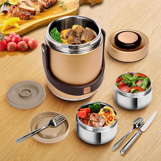 51 oz Adults Stainless Steel Vacuum Insulated Wide Mouth Soup Food Thermos Hot Food Jar with Keep Thermal Portable 2 Tier Stackable Bento Hot Food Containers Lunch Boxes (51 oz Gold)