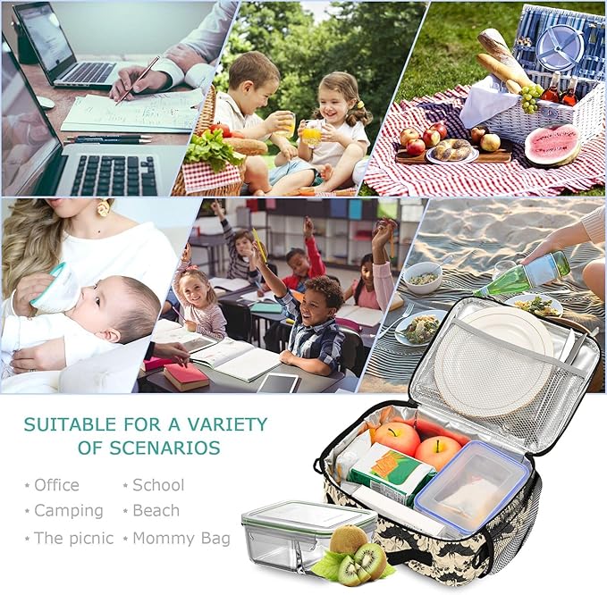 MNSRUU Student Lunch Bag Bats and Flowers Vintage Insulated DinnerTotes Picnic Bag Lunch Box with Adjustable Shoulder Strap for Teen Kids Adults