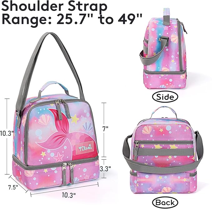 Tilami Lunch Bags Insulated Adjustable Strap Zipper, Water-Resistant Cooler Bags, Bento Bags for Kids Toddlers, Pink Tail