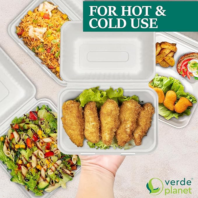 Verde Planet Clamshell Take Out Containers - 100% Natural Bagasse Sugarcane Fiber - Disposable Food Containers with Hinge Lids - Heavy-Duty To Go Boxes for Food - (6" X 6", 1-Compartment, 50-Pack)