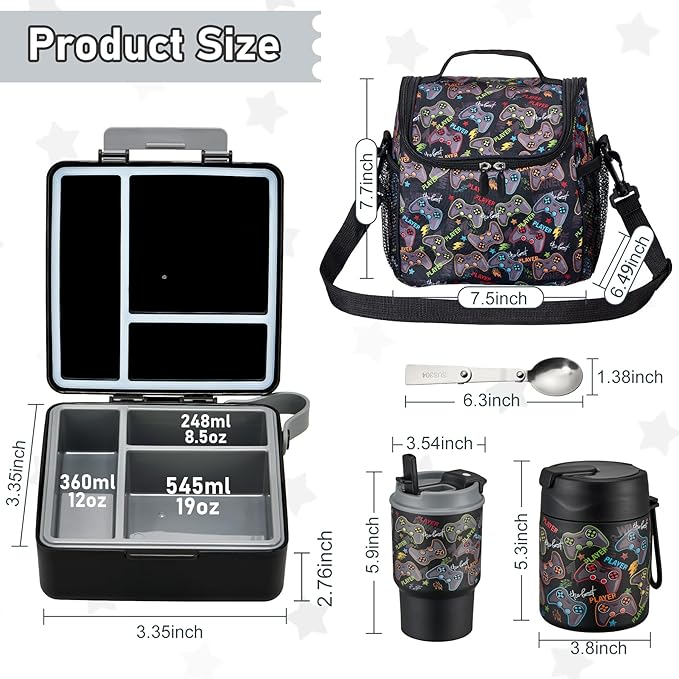 Bento Lunch Box for Kids with 17oz Soup Thermo,Insulated Tumbler Water Bottle and Insulated Lunch Bag,Leak-Proof 3 Compartment Lunch Food Container with with Ice Pack for Kids to School-Game Console