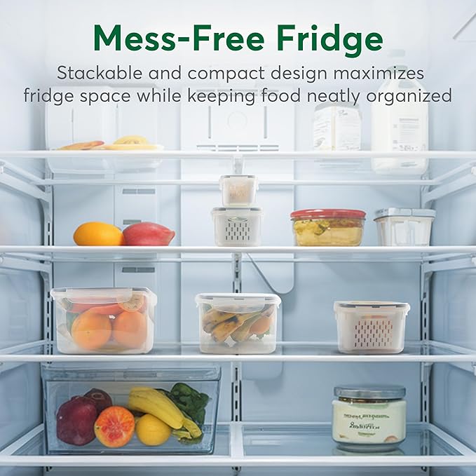 8 PCS Fruit Storage Containers for Fridge with Colanders Dishwasher Safe, Leakproof Fruit and Vegetable Storage BPA-Free Plastic, Produce Storage Keep Berry Fruit Veggie Meat Fresh