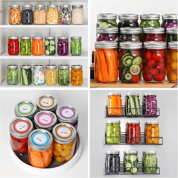Mason Jars 16 oz with Lids and Bands, 15 Pack Regular Mouth Canning Jars, Clear Glass Jars for Canning, Food Storage and Fermenting, Labels & Brusher Included - Microwave & Dishwasher Safe