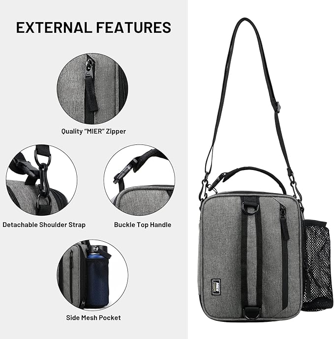 MIER Expandable Lunch Bag Insulated Lunch Box for Men to Work Travel Portable Lunchbox Bags with Shoulder Strap and Water Bottle Holder, Grey