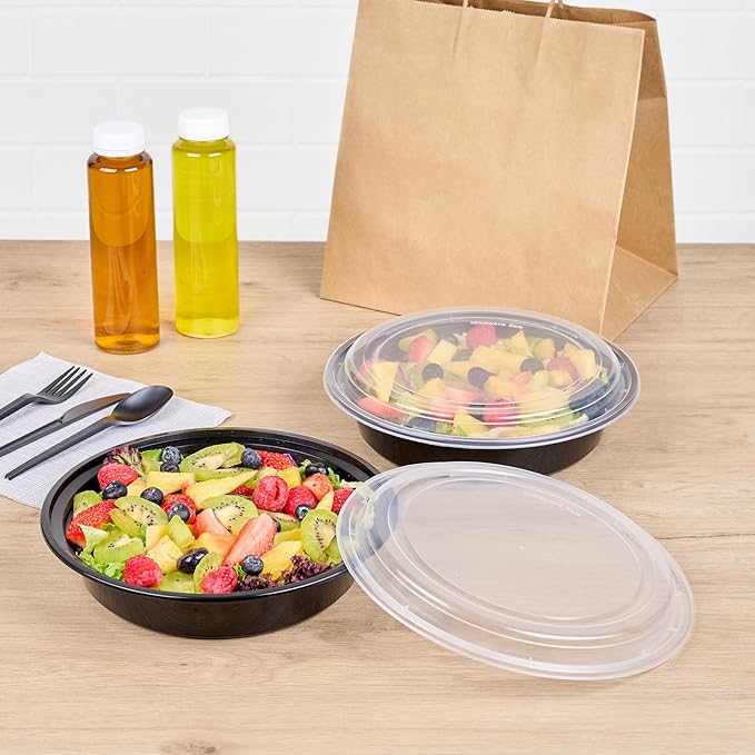 Restaurantware Asporto 48 Ounce To Go Boxes 100 Microwavable Take Out Food Containers - Clear Plastic Lids Included Do Not Contain BPA Black Plastic Catering Food Containers Disposable Round