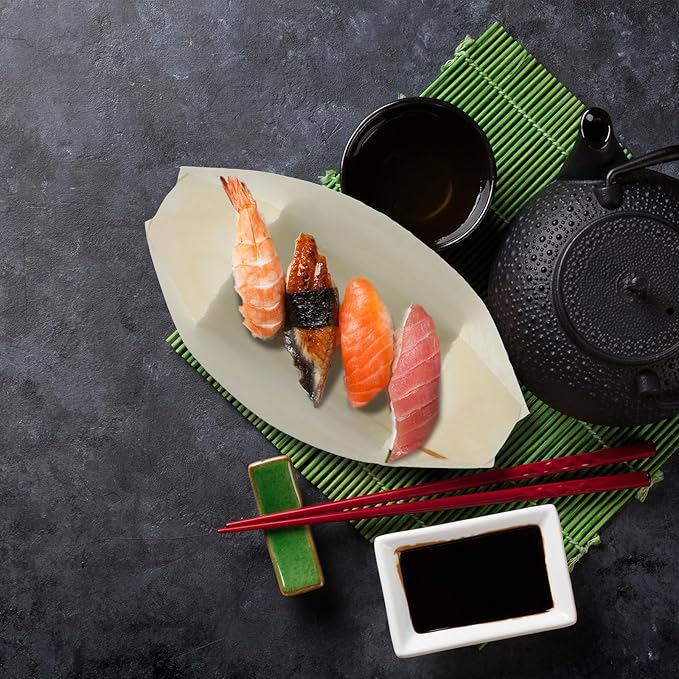Hoolerry 1000 Pcs Disposable Wood Boat Plates Dishes 4 Inches Bamboo Plates Sushi Boat Disposable Bamboo Leaf Dish Serving Tray Food Container Wood Bowl For Catering Home