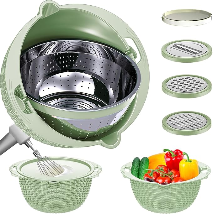 4 in 1 Colander with Bowl Set, Food Strainers and Colanders, Colander for Kitchen, Pasta Strainer, Fruit and Veggie Washer, Fruit Washing Bowl with Strainer, Kitchen Essentials Set, Green