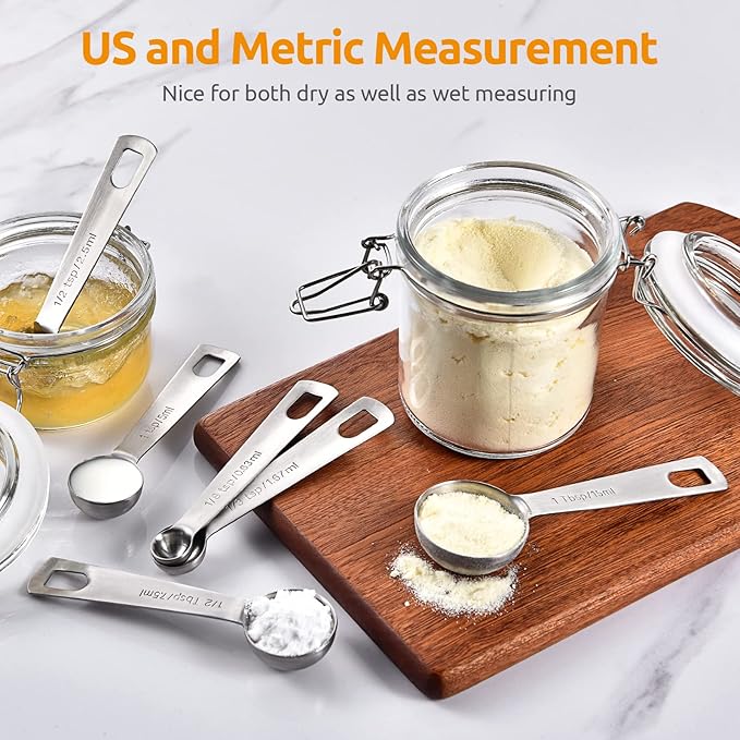 18/8 Stainless Steel Measuring Spoons Set for Dry and Liquid Ingredients (Set of 9), and 600℉ Heat Proof Long & Wide Silicone Solid & Slotted Turner Set of 2 for Egg, Pancake (Black)