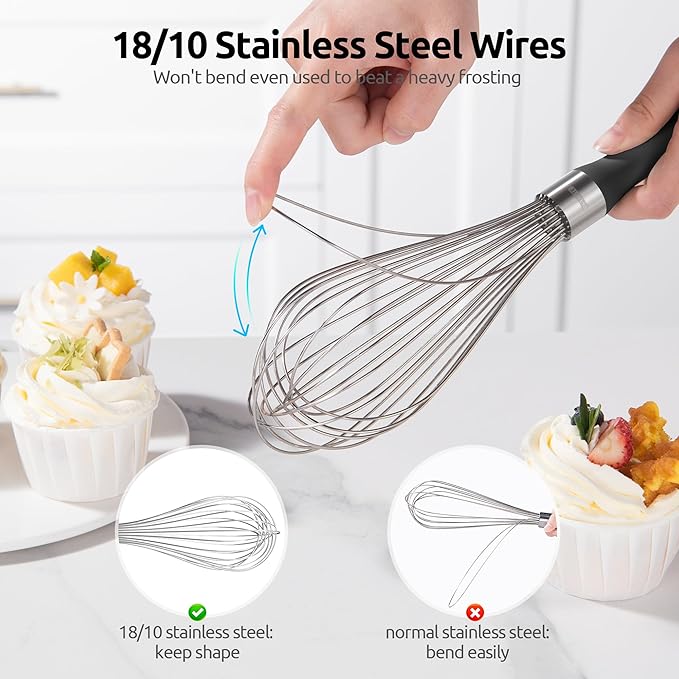 18/8 Stainless Steel Measuring Spoons Set for Dry and Liquid Ingredients (Set of 9), and 18/10 Stainless Steel Balloon Whisk for Kitchen Cooking with 12 Flex Wires (Black)