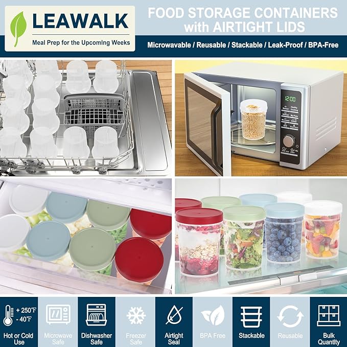 32oz-12Pack Reusable Food Freezer Storage Containers with Lids, BPA Free Twist Top Deli Container, Leak Proof, Stackable, Microwave and Dishwasher Safe-4 Colors