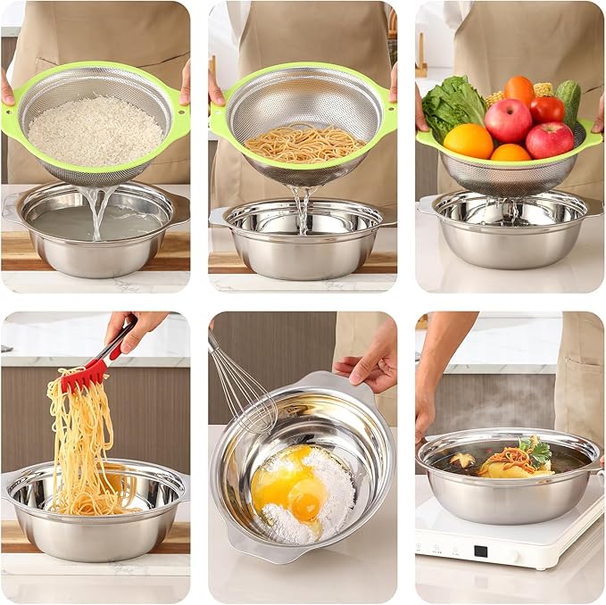 Colander Stainless Steel Microporous, 4QT Large Capacity Rice Strainer with Mixing Bowl, Rice Washing Bowl Set with Handle, Food-Grade Strainers and Colanders for Kitchen, Dishwasher Safe