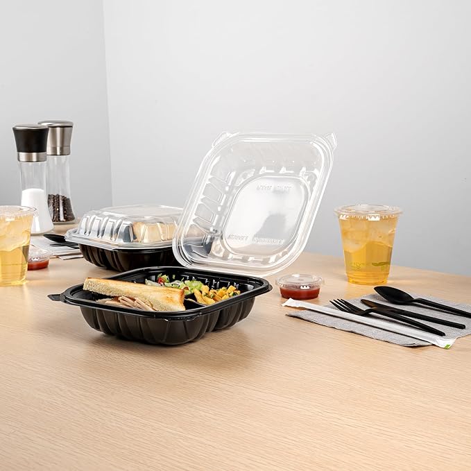 Restaurantware-Thermo Tek 34 Ounce Clamshell Containers, 50 Disposable Take Out Boxes - 3 Compartments, Ventilated Lids, Black Plastic Meal Prep Containers, Microwavable, For Pasta Or Salads