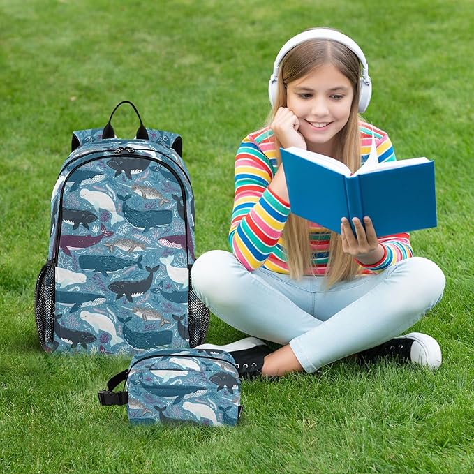 Marine Whales Kids Backpack for Girls Boys School Bookbag with Insulated Lunch Box for Elementary Students Middle School Teen Girls Backpacks
