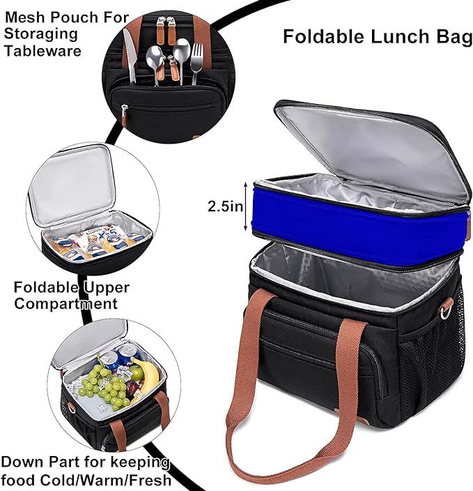 Weitars Lunch Bag For Women Men-Dual Compartment Large Lunch Box For Men Adult Lunch Box For Nurse Office Working Picnic Hiking (15L, Black/kahki)