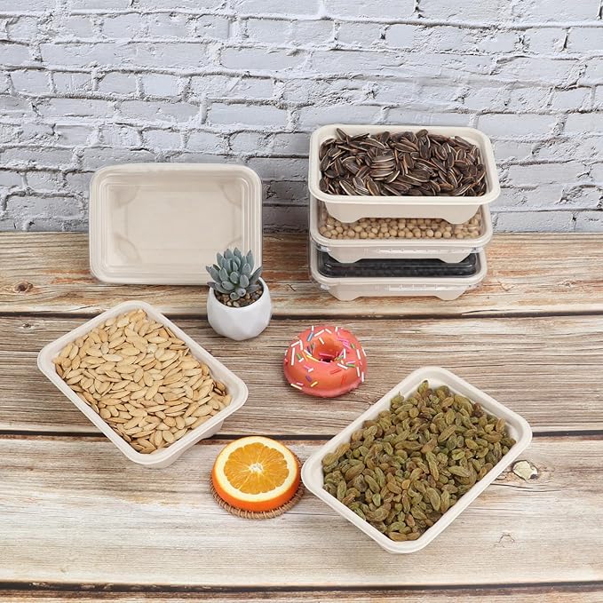 18 oz Rectangle Disposable bowls with clear lids,Sugarcane Fiber Bowls take away food containers Plant Fibers 50 PACK