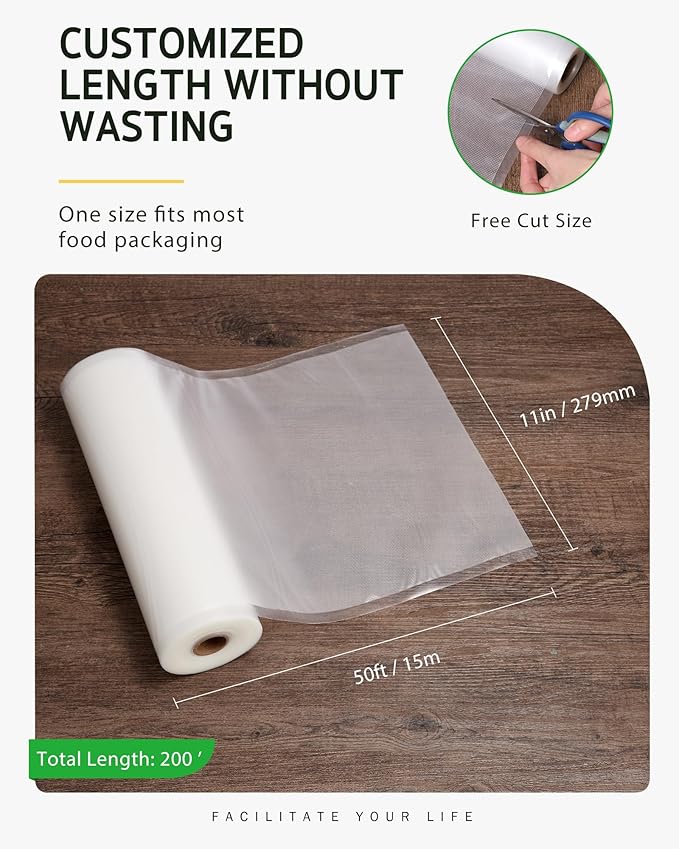 Syntus Vacuum Sealer Bags for Food, 4 Rolls 11" x 50' Commercial Grade Bag Rolls, BPA Free Food Vac Bags for Storage, Meal Prep or Sous Vide