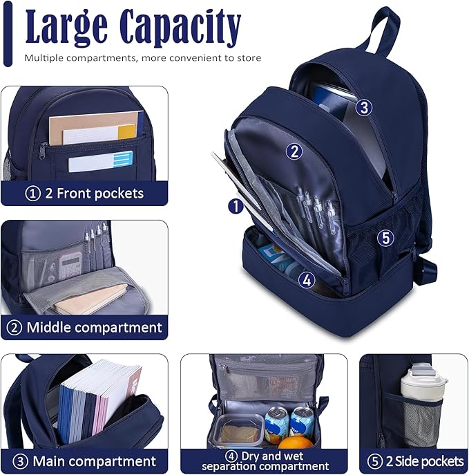 NOL Natural Organic Lifestyle Kids 2-in-1 Backpack & Insulated Lunch Bag-16 Multi-Functional Large Compartments Backpack for School & Travel, Double Deck, Water Resistant,Leak-proof,Padded-Navy blue