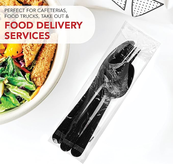 Party Essentials Individually Wrapped Black Plastic Cutlery Packets/Heavy Duty Silverware Kits, Fork/Spoon/Knife/Napkin/Salt/Pepper, 100 Sets