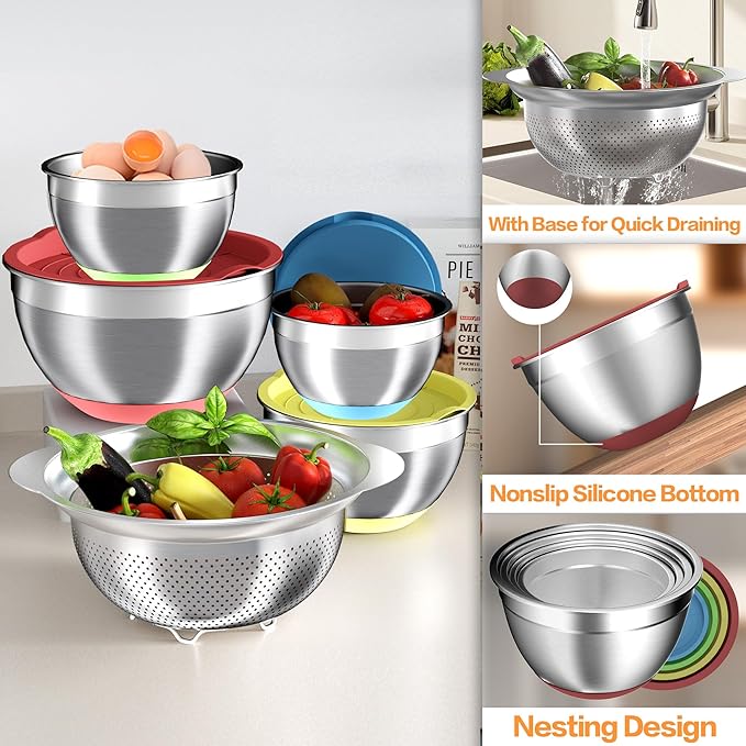 Mixing Bowls with Airtight Lids Set, 4 Stainless Steel Bowls Nesting Bowls & Colander, Kitchen Organizers and Storage Non-Slip Bottom, Size 1.5/2.0/2.5/4.0QT, Great for Mixing & Serving, Multicolor