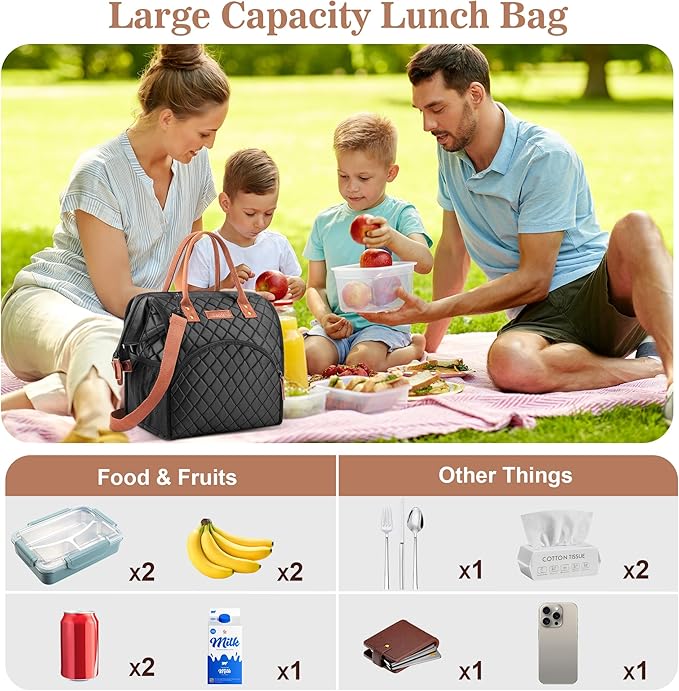 LOKASS Lunch Bag Insulated Lunch Box Wide-Open Lunch Tote Bag with Removable Shoulder Strap for Women/Men Adults Work Picnic Hiking Beach Fishing(Black)