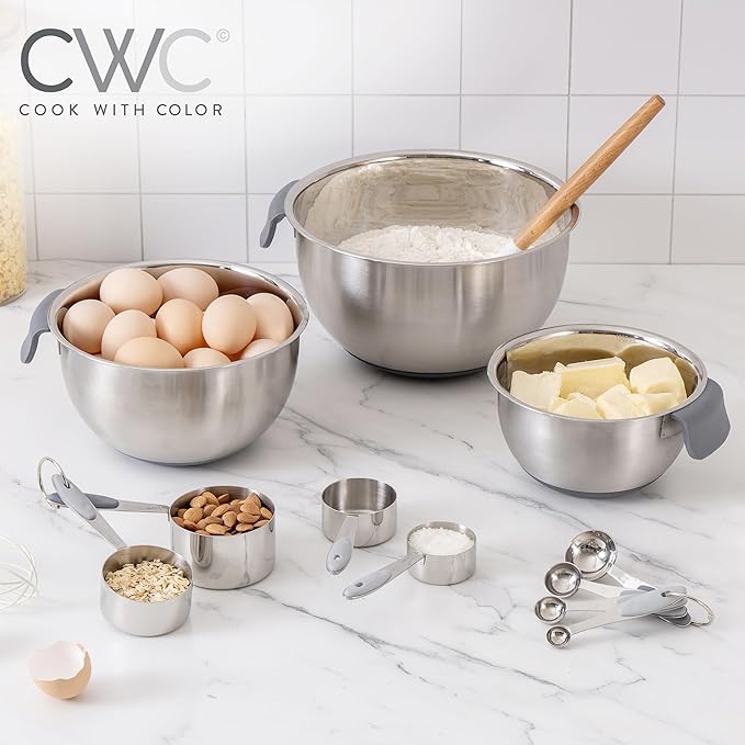 COOK WITH COLOR Stainless Steel Mixing Bowls Set and Measuring Cups - Nesting Bowls with Non-Slip Bottom and Easy-Grip Handles, Grey, 11 Pieces