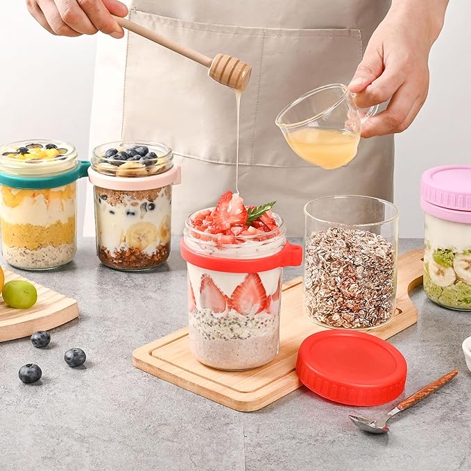 6 Pack Overnight Oats Containers with Lids and Spoons-18 Oz Overnight Oats Jars Mason Jars for Chia Pudding Cereal Fruit Vegetable Milk Salad Yogurt Meal Prep