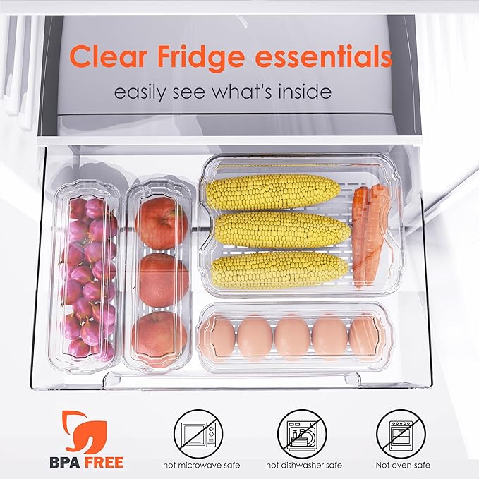 Fridge Organizers and Storage, 10 Pack Clear Freezer Organizer Bins with Lids for Kitchen, Pantry, Refrigerator, Food, Fruit, Vegetable Storage