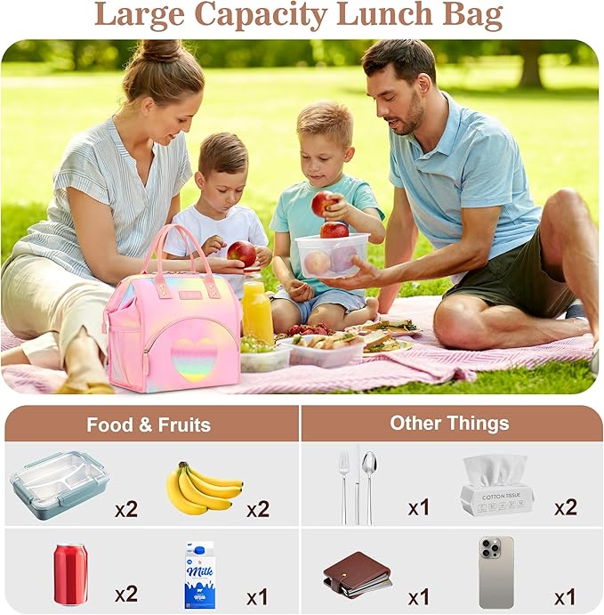 LOKASS Lunch Bag Insulated Lunch Box Wide-Open Lunch Tote Bag Large Drinks Holder Durable Thermal Snacks Organizer for Women Adults Work Picnic Hiking Beach,Heart Colorful