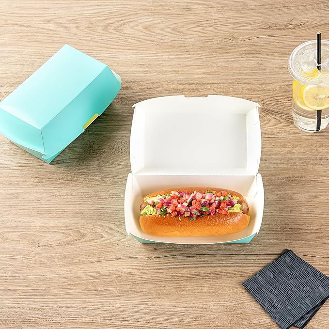 Restaurantware Bio Tek 6.7 x 3.5 x 3.5 Inch Clamshell Food Containers 100 Disposable Sandwich Containers - Hinged Lid Tab-Lock Closure Turquoise Paper Hot Dog Containers Durable Greaseproof