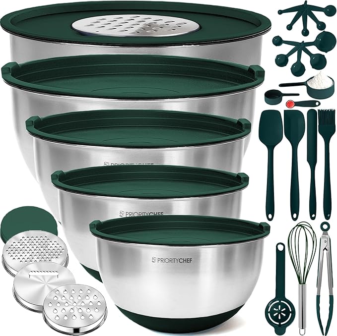 Priority Chef 28Pc Stainless Steel Mixing Bowls with Lids Set, Non-Slip Base, Air Tight Lids, 3 Graters and Utensil Set, Large Metal Nesting Bowls for Kitchen, Green