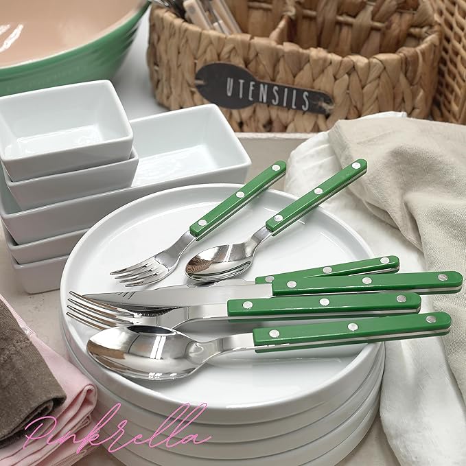 6-Piece Stainless Steel Flatware Silverware Cutlery Set - Color Handle with Rivet/Retro Style - Includes Dinner Knife; Dinner Fork; Salad Fork; Soup Spoon; Teaspoon; Spreader (GREEN)