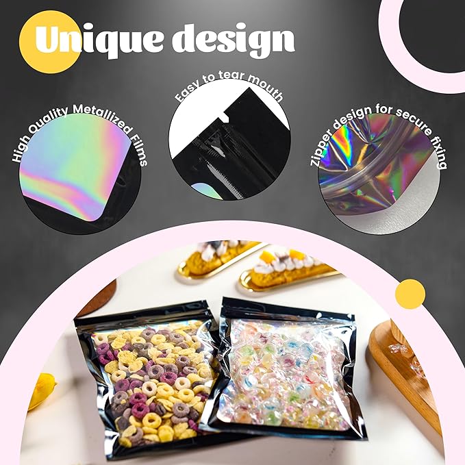 100 Pcs Black Holographic Mylar Bags with Window Smell Proof for Food Storage and Small Business(5.5×8Inch)