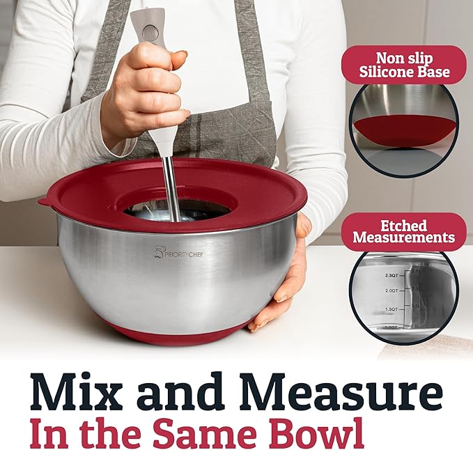 Priority Chef 28Pc Stainless Steel Mixing Bowls with Lids Set, Non-Slip Base, Air Tight Lids, 3 Graters and Utensil Set, Large Metal Nesting Bowls for Kitchen, Red
