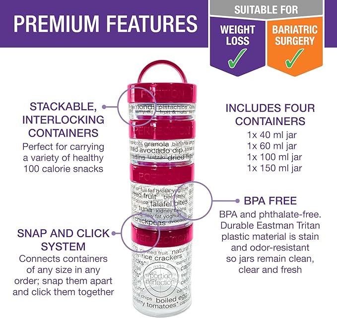 100 Cal Stackable Snack Containers for Weight Management, Food Portion Control Containers for Weight Control with Instructions for Men, Women and Bariatric Must-Haves (Pink)