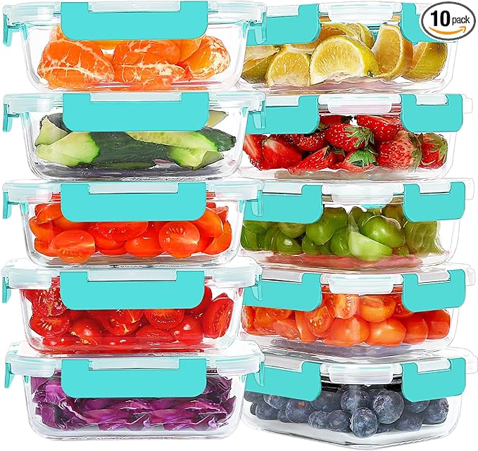 10 Packs 22 oz Glass Meal Prep Containers, Glass Food Storage Containers with Lids, Airtight Lunch Boxes BPA Free, Microwave and Freezer Safe, Green