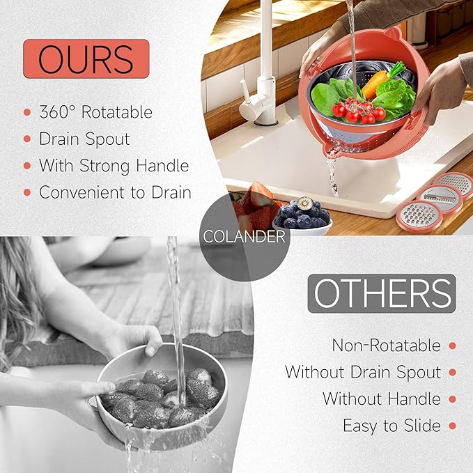 4-1 Colander with Bowl Set - Pasta Strainer - Colander for Kitchen - Strainers and Colanders Rice Strainer Fruit Cleaner Veggie Wash Sink Strainer Kitchen Essentials - Orange