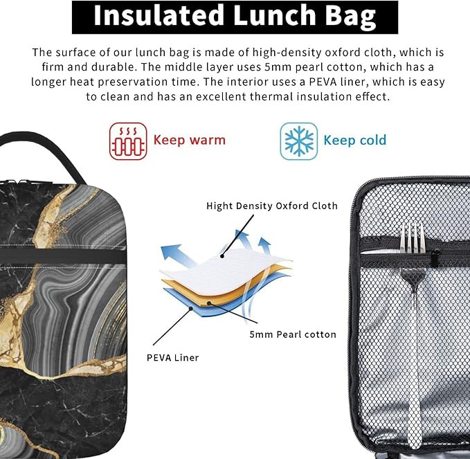 YETTA YANG Marble Black And White Gold Portable Lunch Bag Insulated Lunch Box Reusable Totes For Women Men Work Picnic Camping