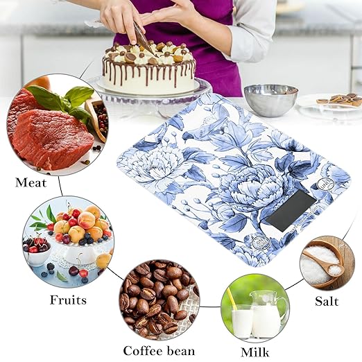 Food Scale Kitchen Digital Scale Food Ounces and Grams Dieting Baking Cooking Waterproof Glass Panels LCD Display,4 Units Scale Tare Function Blue and White
