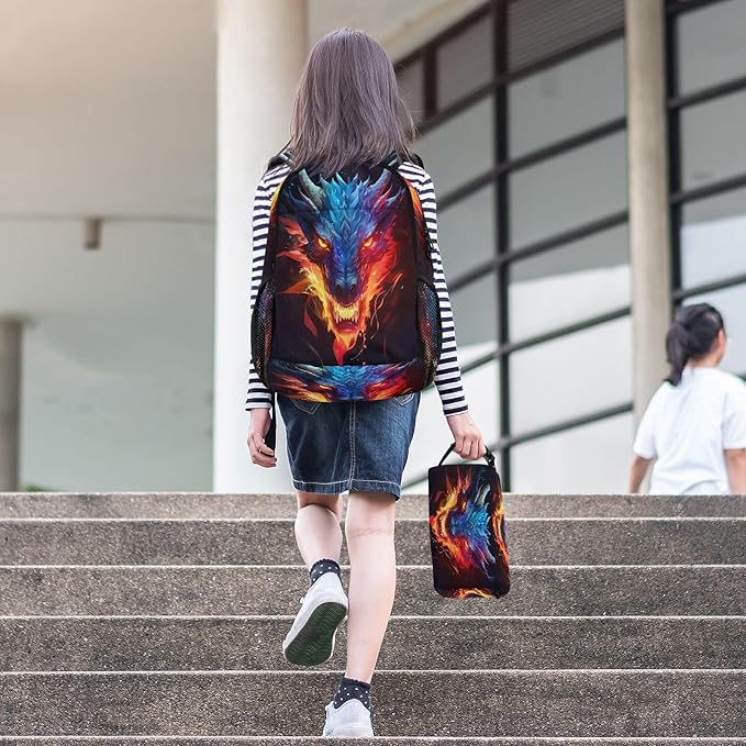 Dragon Kids Backpack for Girls Boys School Bookbag with Insulated Lunch Box for Elementary Students Middle School Teen Girls Backpacks