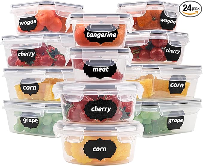 12-Piece Set of Clear Plastic Food Storage Containers with Gasket Seal Box Lids, 12 Containers and 12 Lids, Leak Proof Stackable, For Kitchen Fridge, Meal Prep Lunch Containers