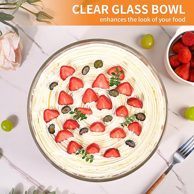 Large Glass Salad Bowl with Lid 195oz, Large Mixing Bowl with Lid for Salad, Fruit, Dessert, 9.8" Clear Trifle Bowl Glass for Family, Keep Food Fresh, Microwave and Dishwasher Safe