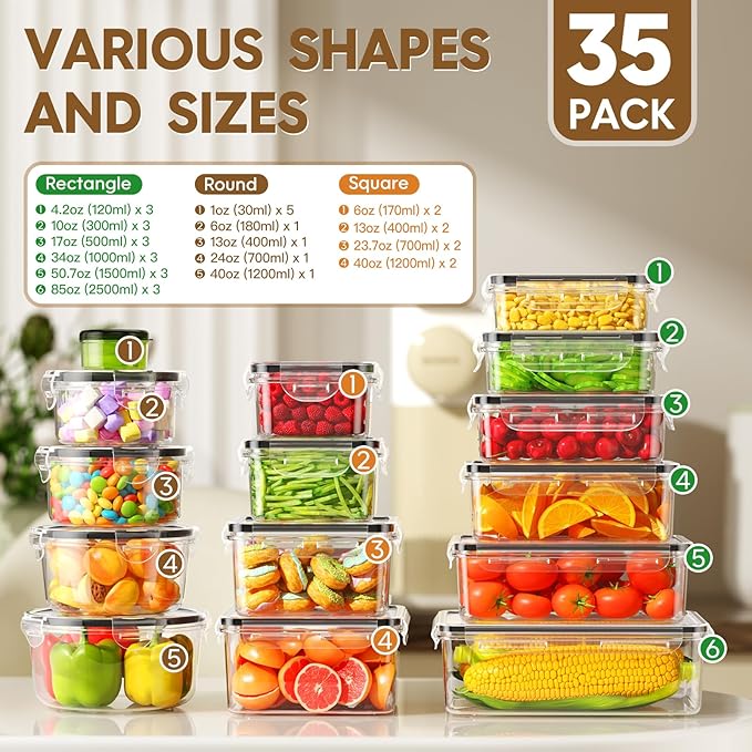 70 Pcs Large Food Storage Containers with Lids Airtight, Total 856OZ Stackable Kitchen Organization Set, BPA-Free Plastic Meal Prep Container with Labels & Marker Pen