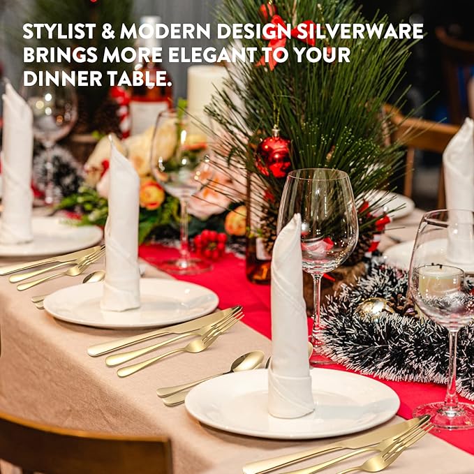 Gold Silverware Set, 30 Pieces Stainless Steel Gold Flatware Set, Kitchen Cutlery Tableware Service Set for 6, Color Utensil Sets for Home Restaurant and Party