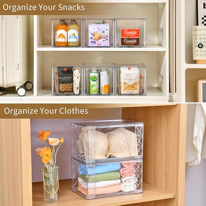 6Pack Stackable Kitchen Storage Organizer, Pantry Organizers and Storage, Clear Foods Organizer Bins with Handles, Easily Assemble for Bathroom, Kitchen, Pantry, Cabinet, Closet
