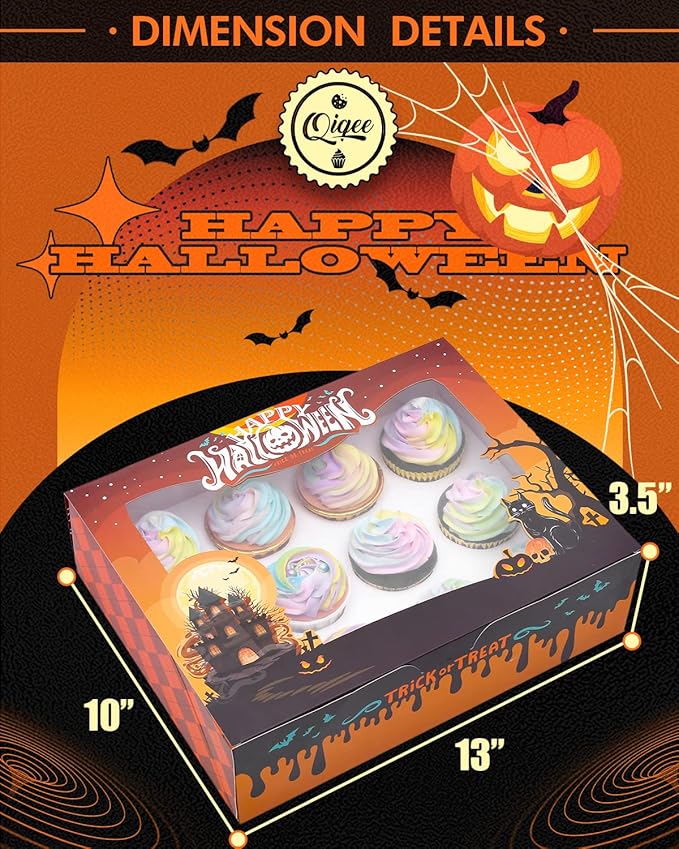 qiqee 12 Cupcake Boxes with Window 16 Packs Halloween Cupcake Box 13"x10"x3.5" Cupcakes Carrier,12 Cupcake Containers For Halloween