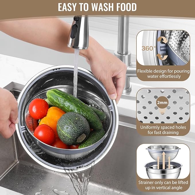 P&P CHEF 4-In-1 Stainless Steel Colander with Bowl Set, Rotatable Strainers for Kitchen, Fruit Cleaner, Washing Fruit & Draining Pasta, Mixing Bowl and Lid with Grater for Salad, Khaki